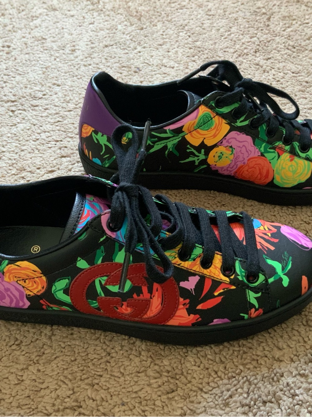 Gucci X Ken Scott Ace Women’s Black Casual Floral Logo Leather Sneakers Size 37 - Picture 13 of 13